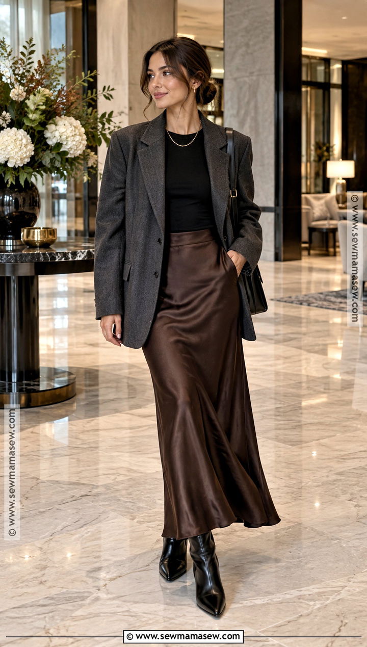 Slip Maxi Skirt With Oversized Blazer And Heeled Boots - 20 maxi skirt autumn outfit ideas