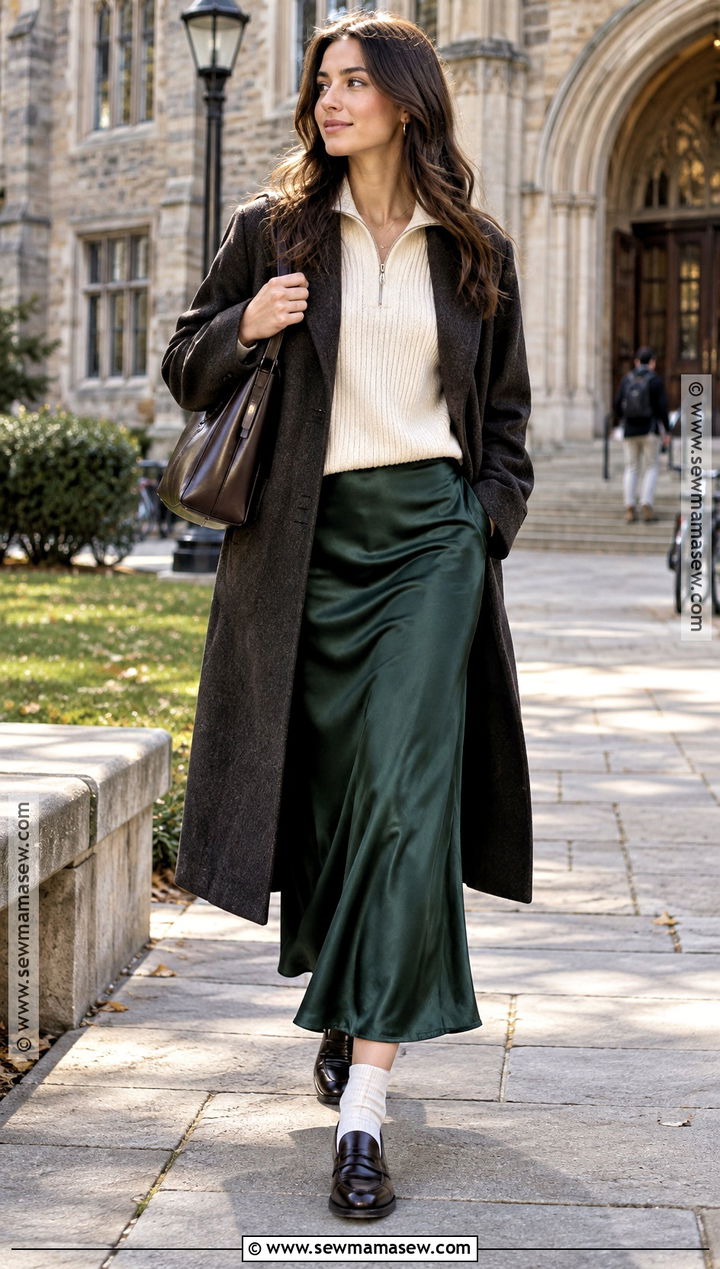 Slip Maxi Skirt With Zip Up Knit And Loafers - 25 maxi skirt fall outfit ideas