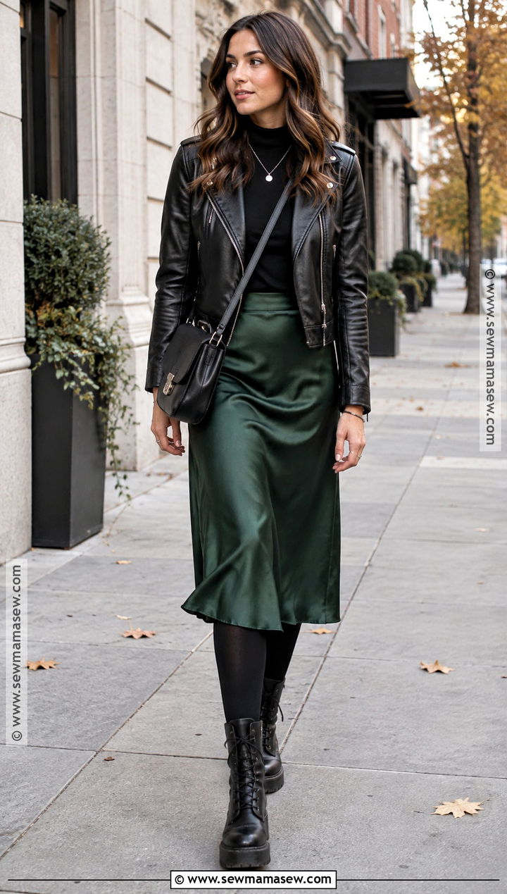Slip Midi Skirt With Leather Jacket And Combat Boots - 15 fall outfits with midi skirts