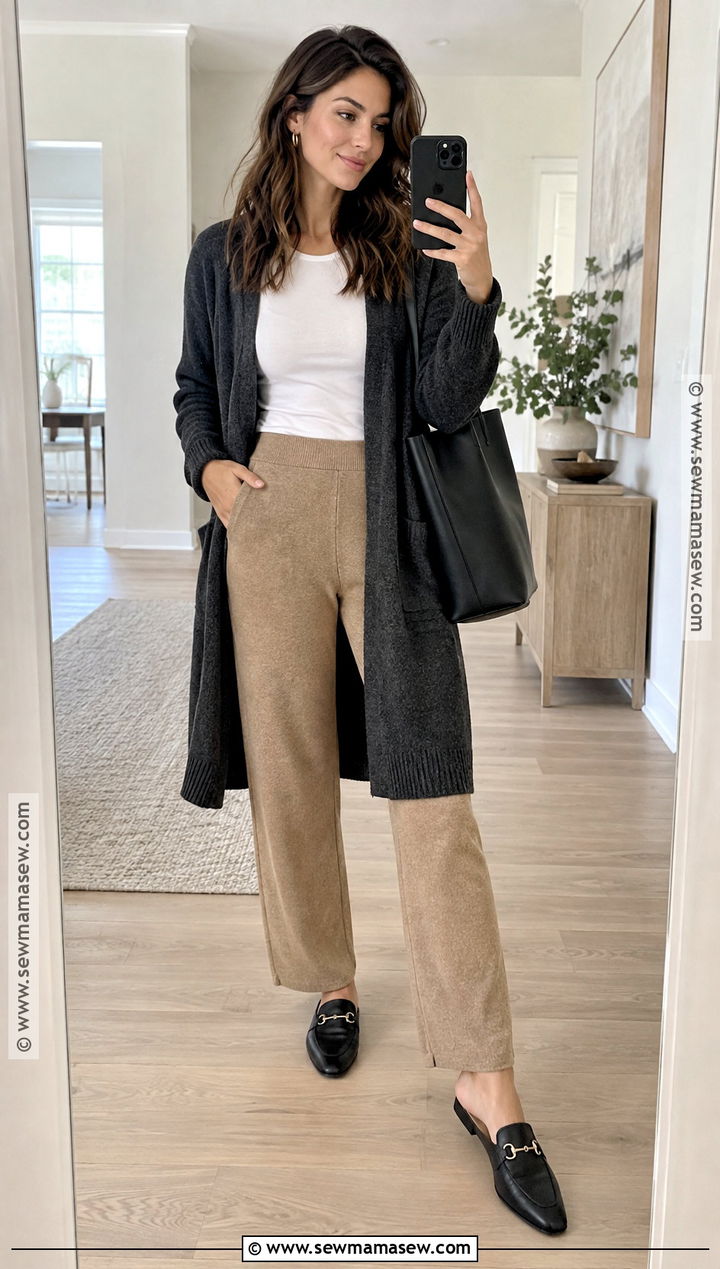 Slip On Mules With Knit Pants And A Long Cardigan - 15 comfortable shoes for autumn