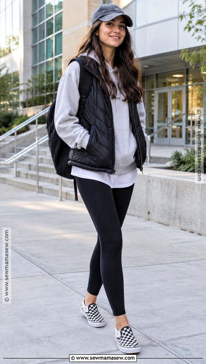 Slip On Sneakers With Leggings And A Hoodie - 15 Back To School Footwear Style Ideas