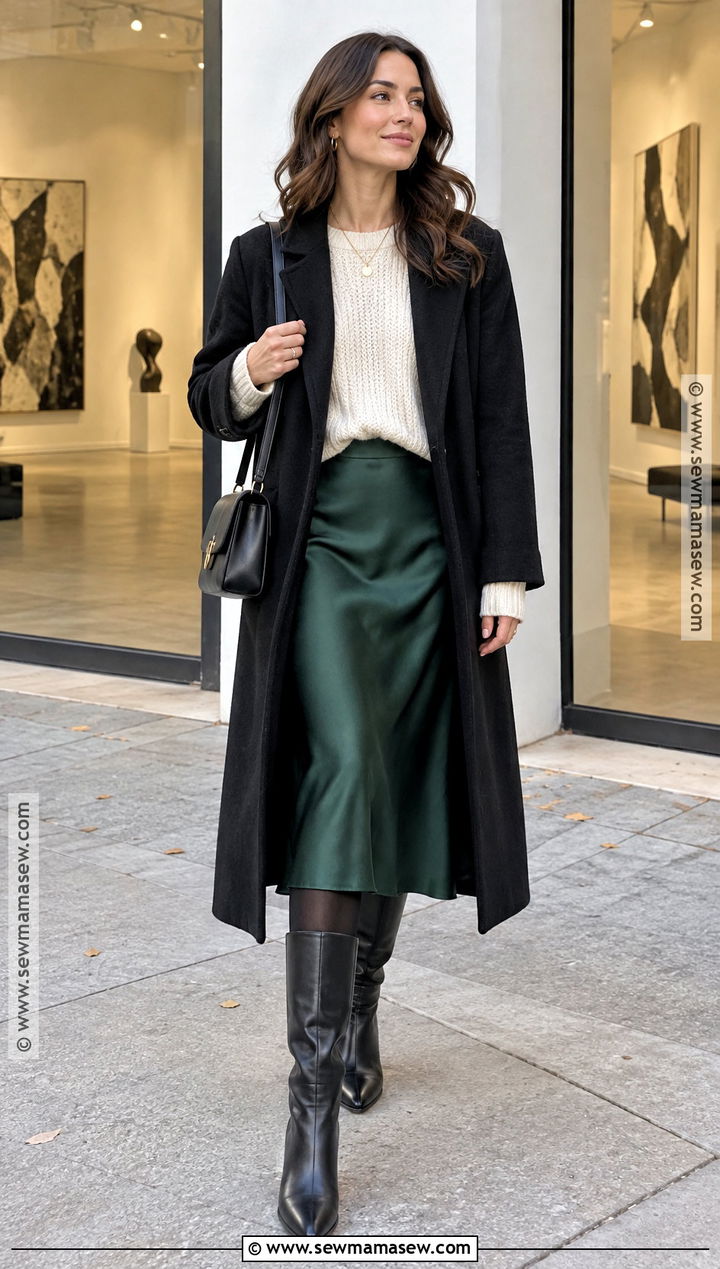 Slip Skirt With Chunky Sweater And Boots Outfit - 20 fall to winter outfits