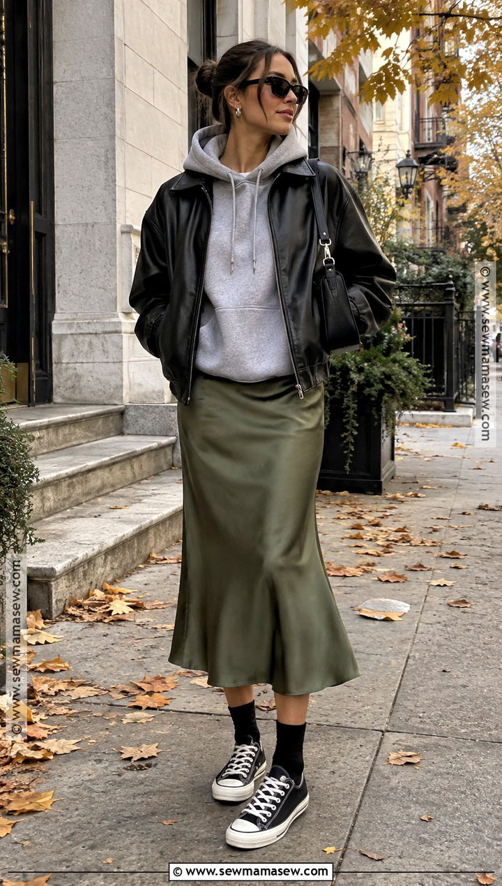 Slip Skirt With Converse And Hoodie - 15 Fall Skirt Outfits With Converse