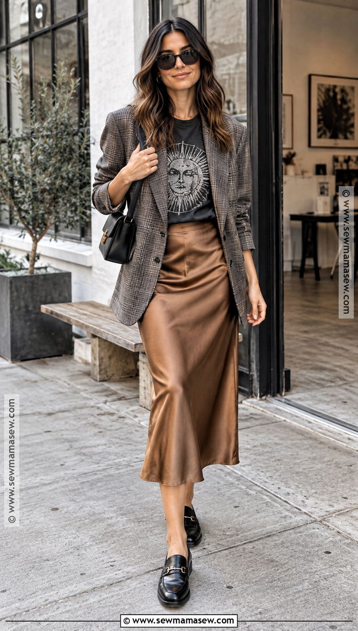 Slip Skirt With Graphic Tee And Blazer - 20 slip skirt outfit fall ideas