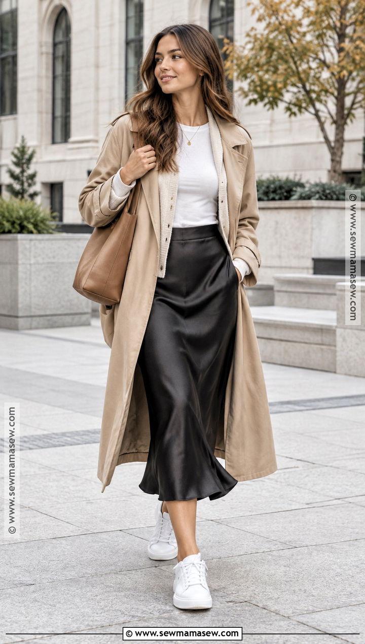 Slip Skirt With Trench Coat And Sneakers - 15 skirt outfit fall ideas 2026