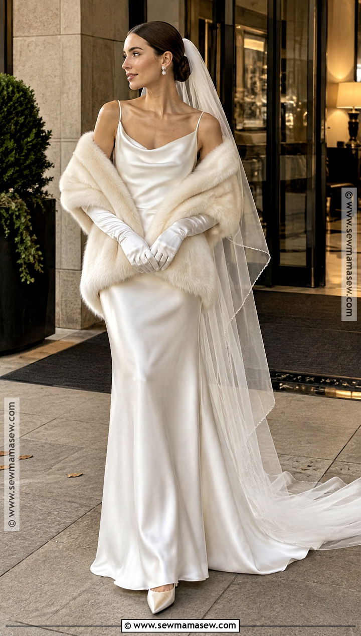Slip Wedding Dress With Faux Fur Wrap - 15 Late Fall Wedding Dress Ideas