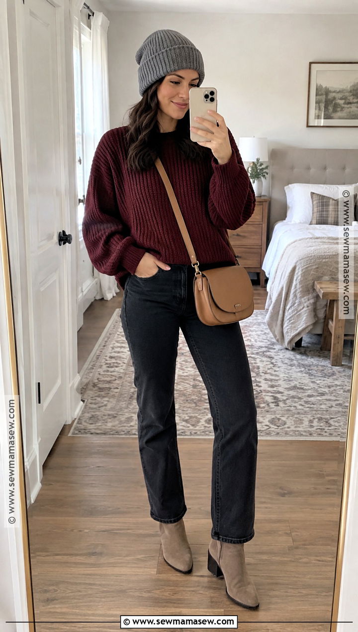 Slouchy Beanie With Oversized Sweater And Jeans - 20 Fall Hats For Women Outfits