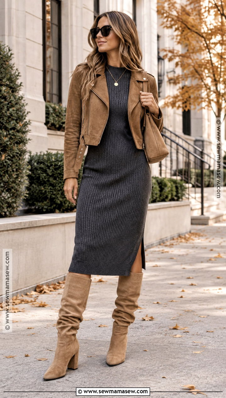 Slouchy Boots With a Knit Midi Dress - 15 Fall Shoe Wardrobe Ideas