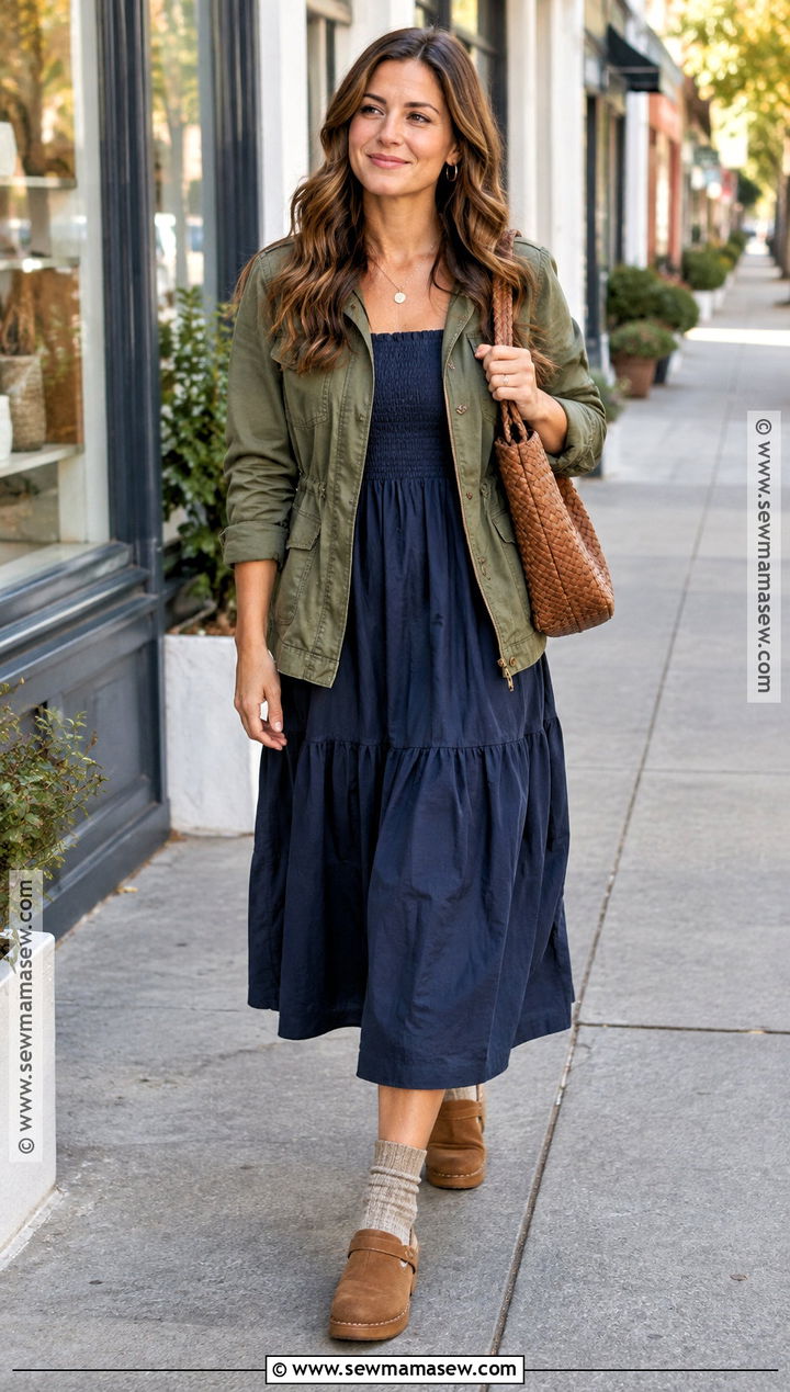Smocked Dress With Utility Jacket And Clogs - 15 styling summer dresses for fall