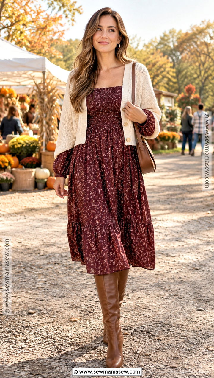 Smocked Fall Dress With Tall Boots - 15 Cute Fall Dresses Casual