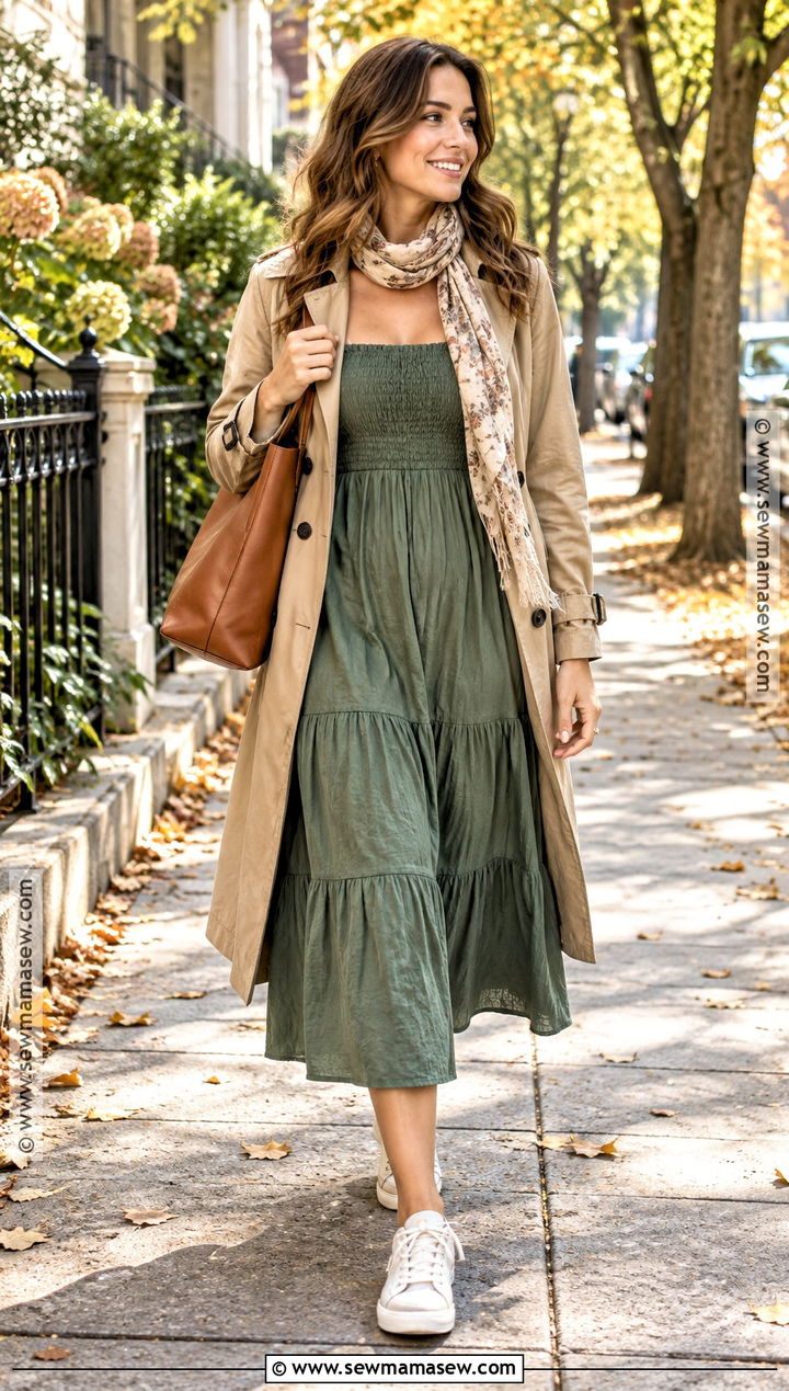 Smocked Fall Sundress Outfit With Trench Coat - 20 fall sundress outfit ideas