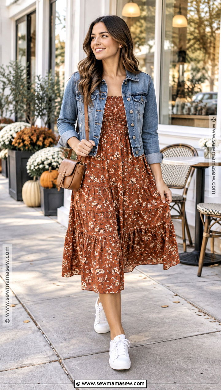 Smocked Flowy Dress With Denim Jacket And Sneakers - 15 Cute Flowy Dresses Fall