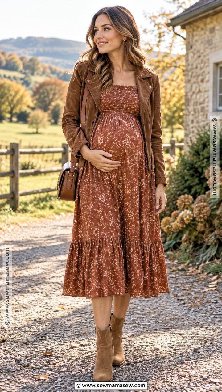 Smocked Maternity Dress With Western Boots - 20 fall maternity dress ideas