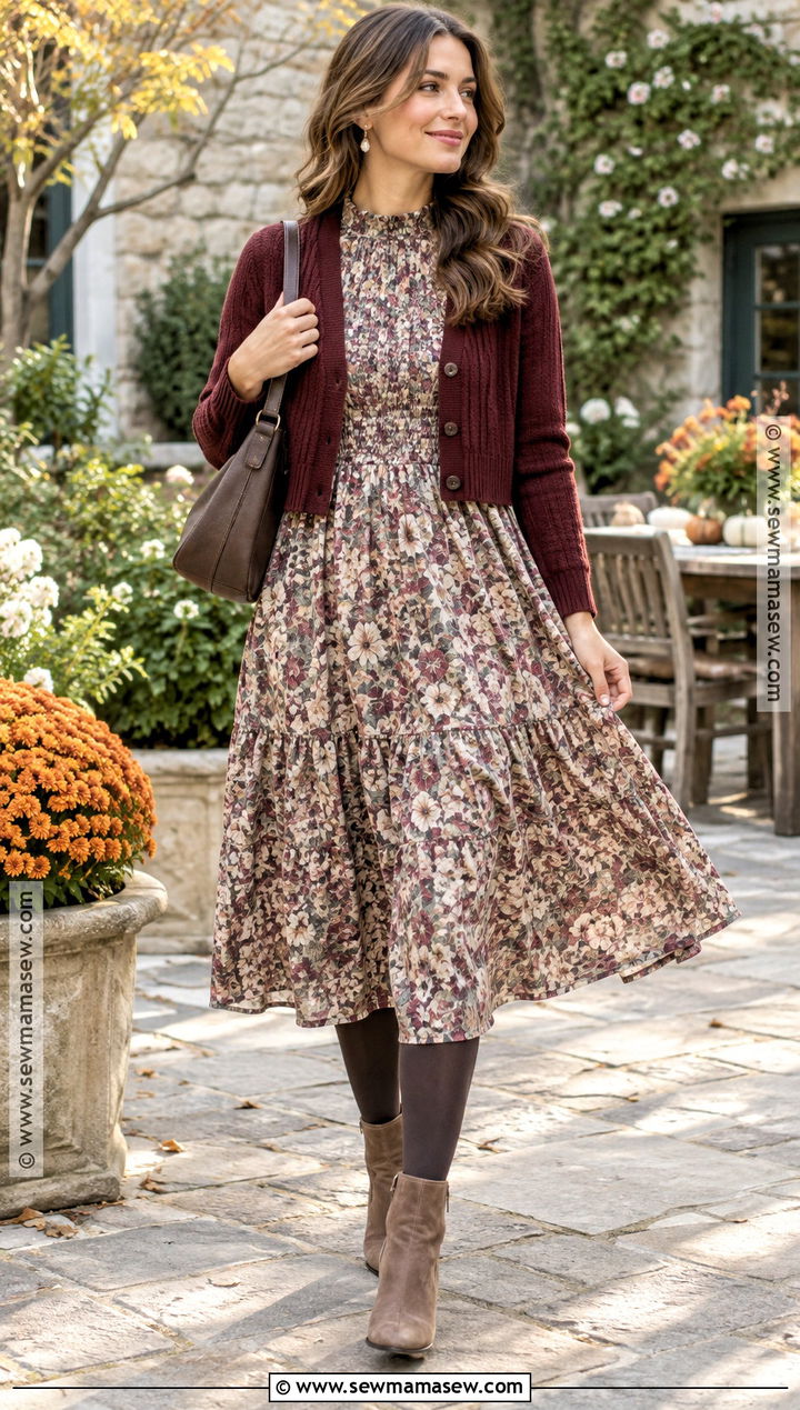 Smocked Midi Dress With Cropped Cardigan And Boots - 20 Casual Fall Dresses
