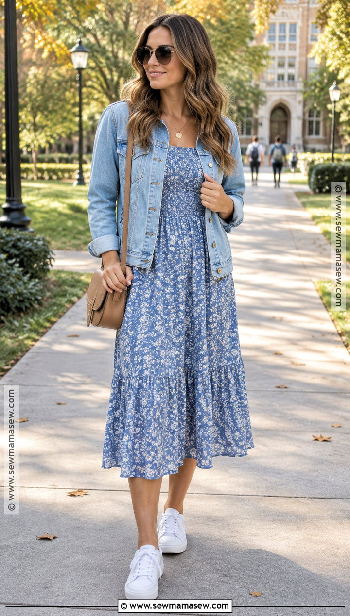 Smocked Midi Dress With Denim Jacket And Trainers - 20 back to school dress ideas