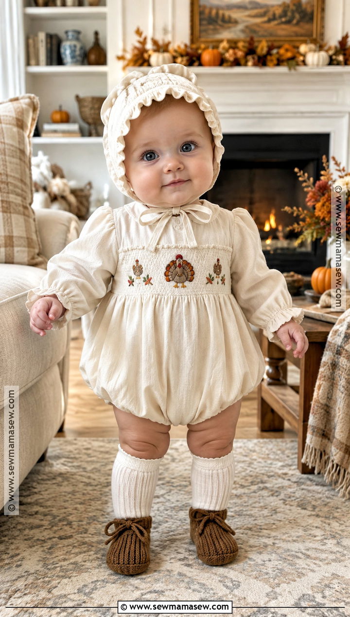 Smocked Turkey Bubble Romper - 15 newborn first thanksgiving outfit ideas
