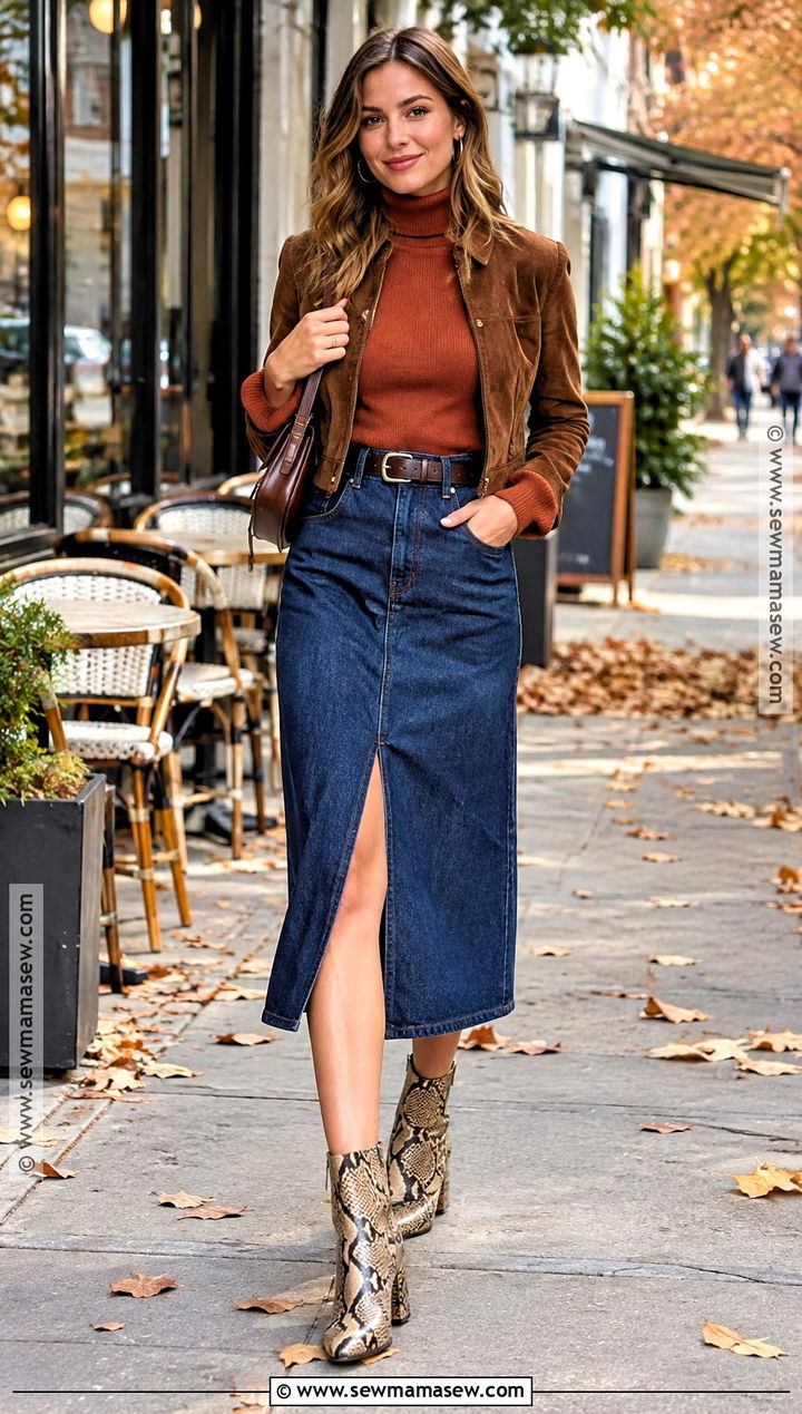Snake Boots With Denim Skirt And Turtleneck - 20 snake boots outfit fall
