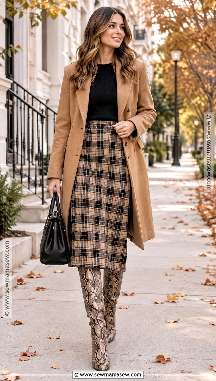 Snake Boots With Plaid Skirt And Crewneck Sweater - 20 snake boots outfit fall