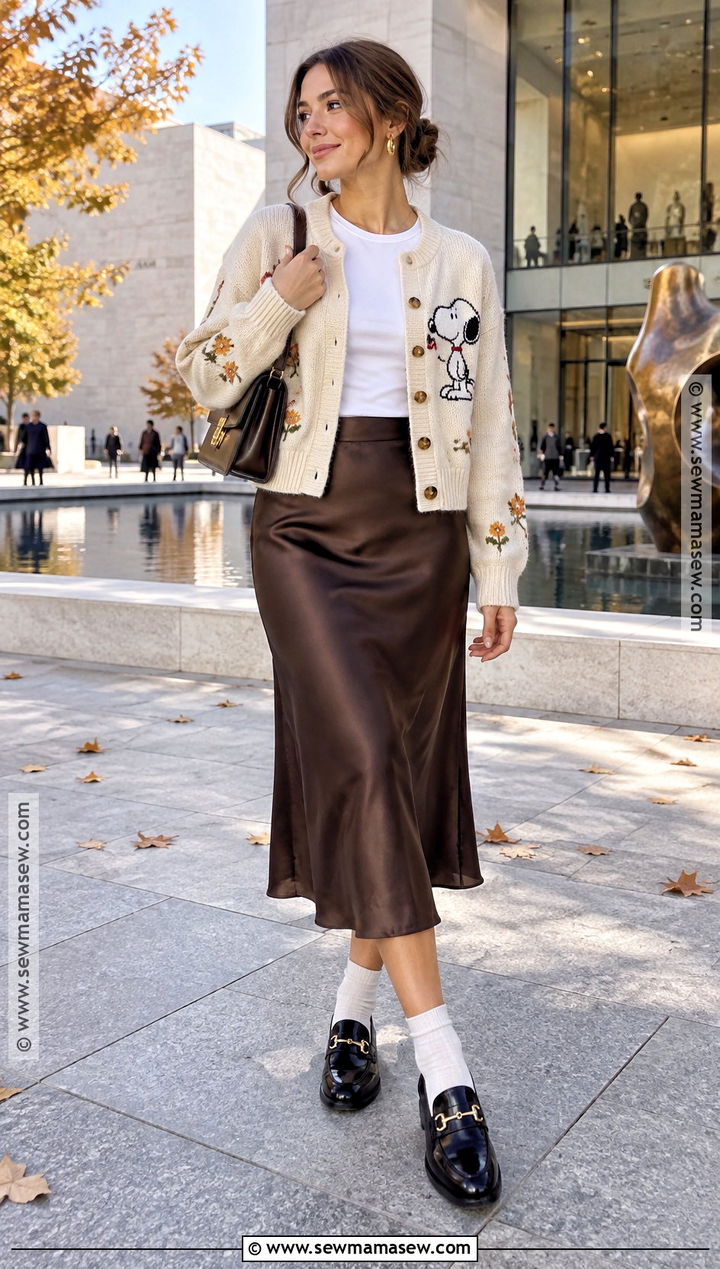 Snoopy Cardigan And Midi Skirt Outfit - 15 Snoopy Fall Clothes