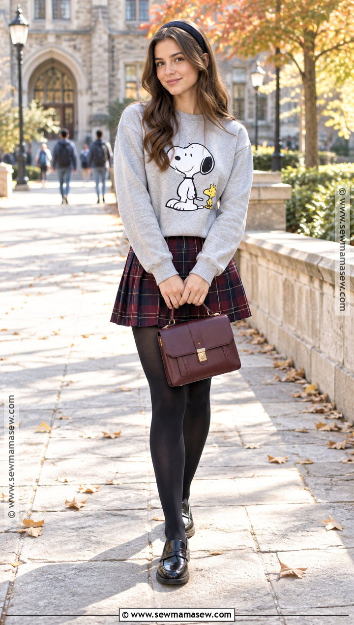 Snoopy Crewneck And Plaid Skirt Outfit - 15 Snoopy Fall Clothes