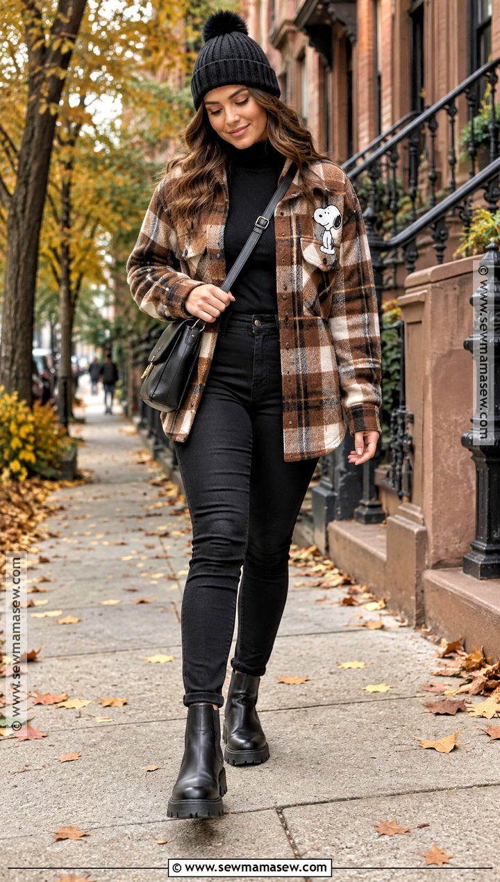 Snoopy Shacket And Black Jeans Outfit - 15 Snoopy Fall Clothes