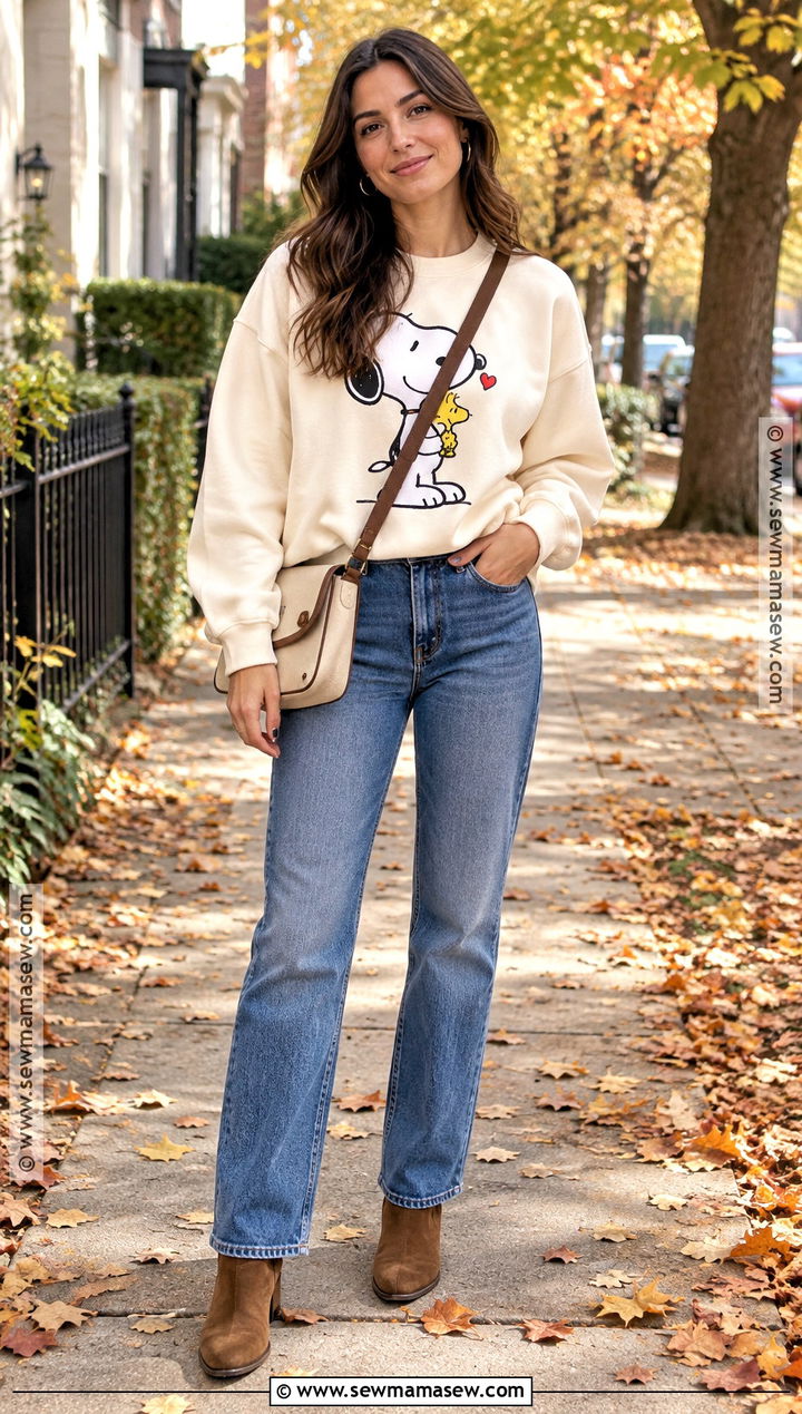 Snoopy Sweatshirt And Straight Leg Jeans Outfit - 15 Snoopy Fall Clothes