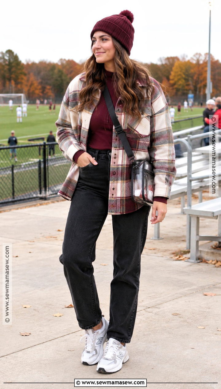 Soccer Game Outfit With Plaid Shacket - 20 Soccer Game Outfit Women Fall Ideas