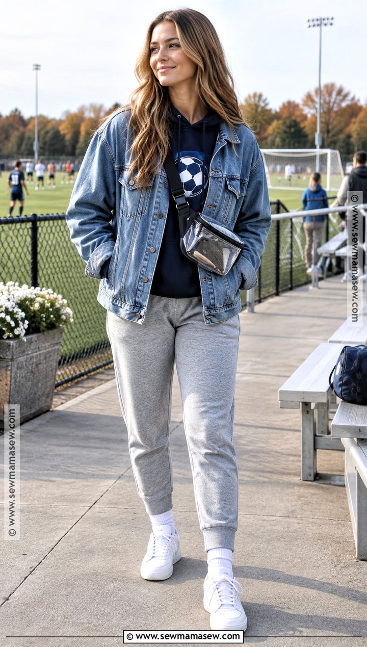 Soccer Hoodie With Denim Jacket And Joggers - 20 Soccer Game Outfit Women Fall Ideas