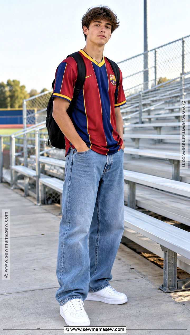 Soccer Jersey And Loose Jeans Outfit For High School Boys - 20 Back To School Outfits Boys High School