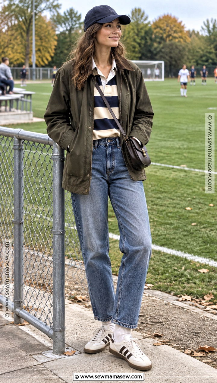 Soccer Rugby Shirt With Barn Jacket And Jeans - 20 Soccer Game Outfit Women Fall Ideas