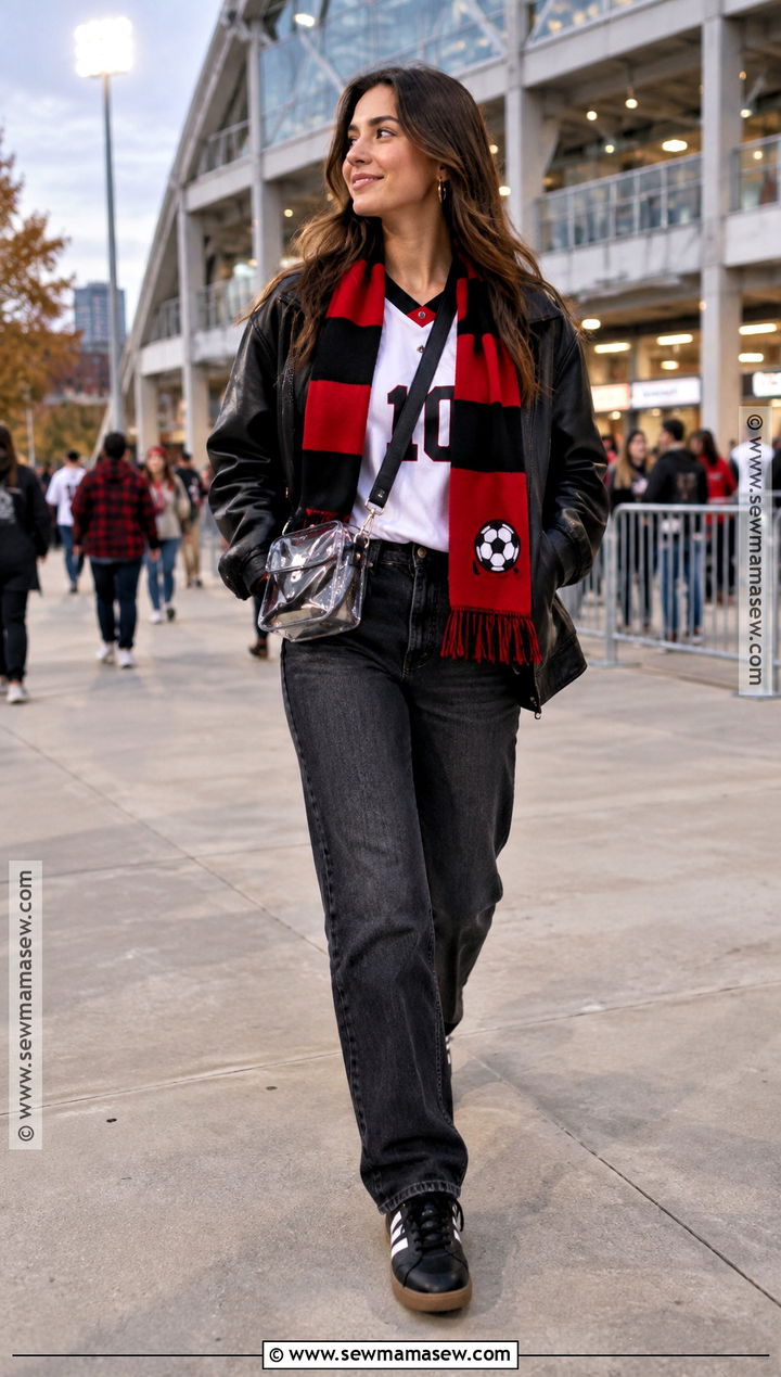 Soccer Sweater With Leather Jacket And Jeans - 20 Soccer Game Outfit Women Fall Ideas