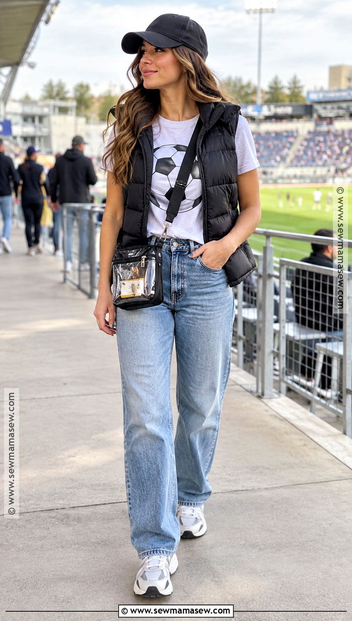 Soccer T Shirt With Puffer Vest And Jeans - 20 Soccer Game Outfit Women Fall Ideas