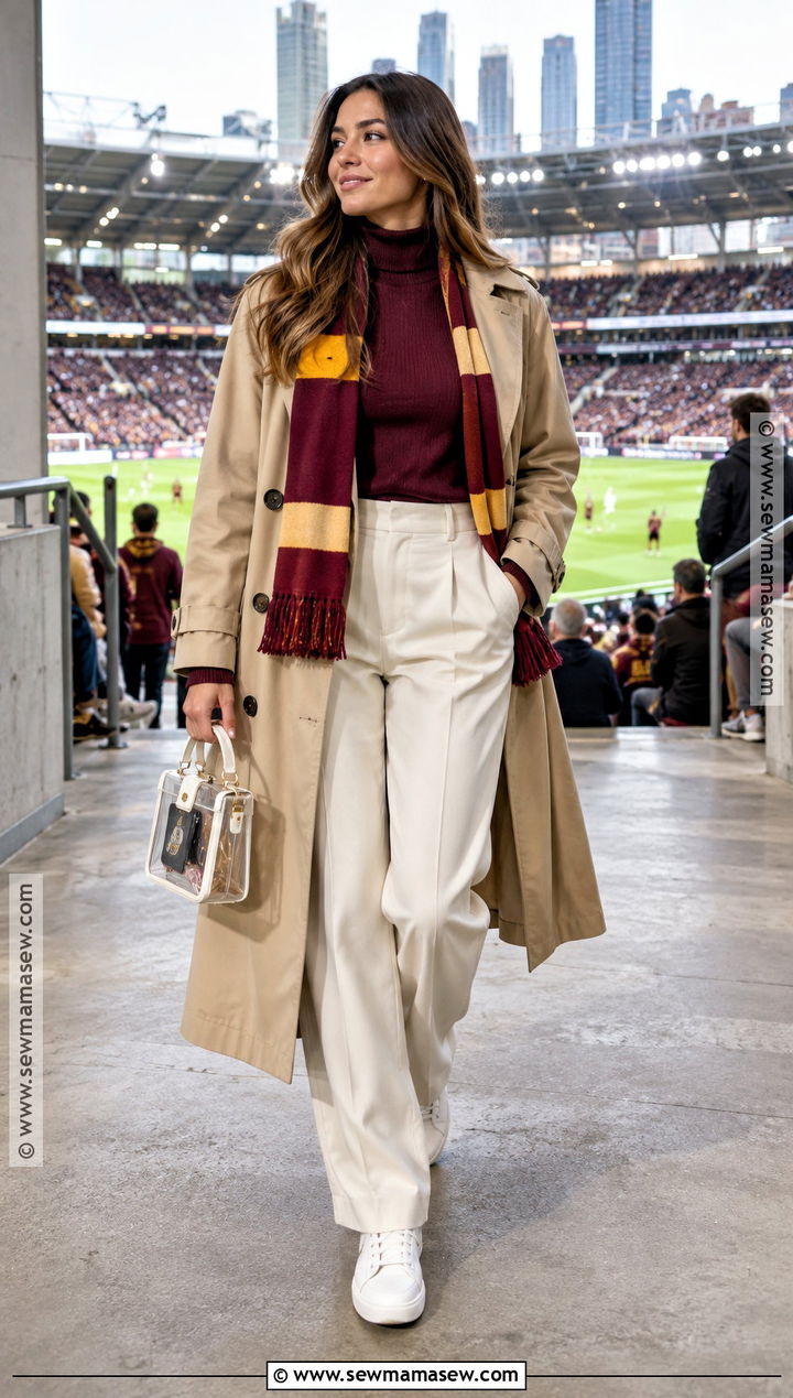 Soccer Turtleneck With Trench Coat And Trousers - 20 Soccer Game Outfit Women Fall Ideas