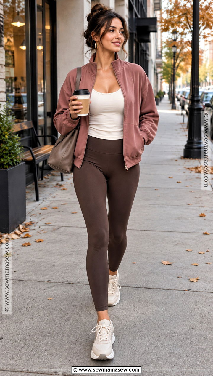 Soft Autumn Athleisure With Dusty Rose Jacket and Brown Leggings - 15 soft autumn athleisure ideas