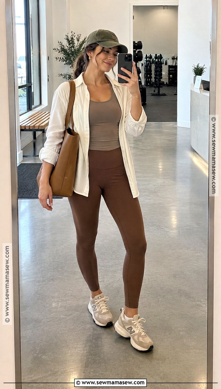 Soft Autumn Athleisure With Ivory Button Down and Cinnamon Leggings - 15 soft autumn athleisure ideas