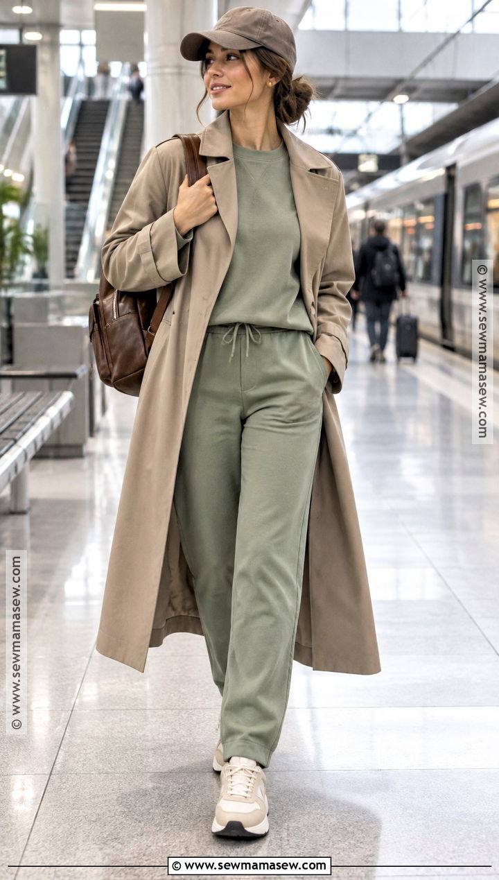 Soft Autumn Athleisure With Mushroom Trench and Sage Sweat Set - 15 soft autumn athleisure ideas