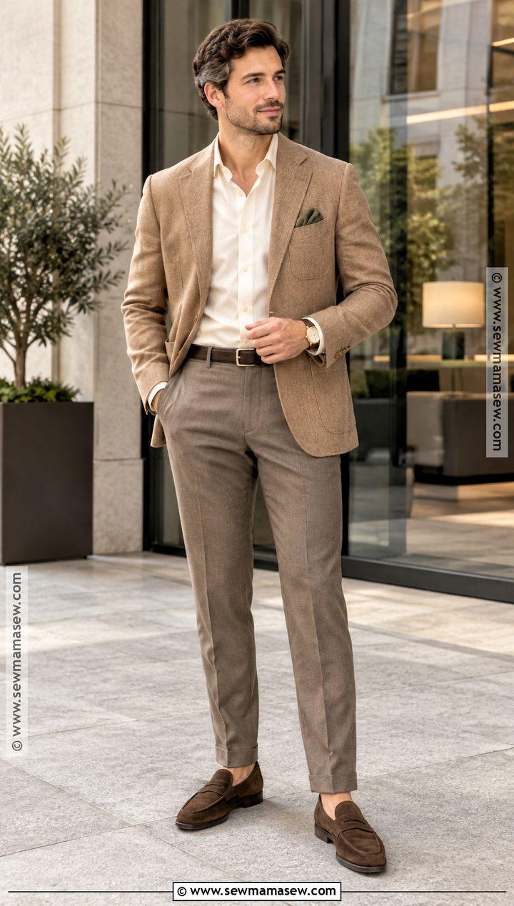 Soft Autumn Camel Blazer And Mushroom Trousers Outfit - 15 soft autumn mens outfits
