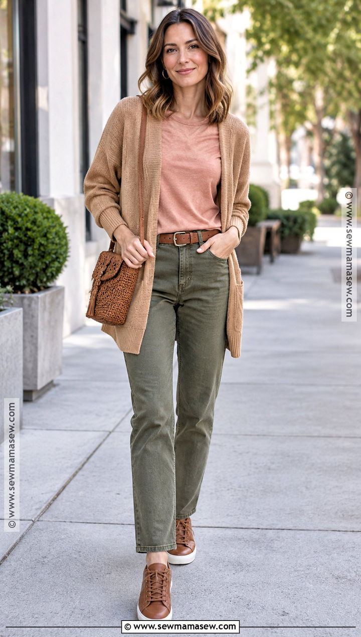 Soft Autumn Camel Cardigan And Olive Jeans Outfit - 30 soft autumn outfits