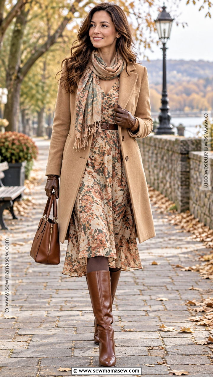 Soft Autumn Camel Coat And Floral Dress Outfit - 15 Soft Autumn Romantic Style Ideas