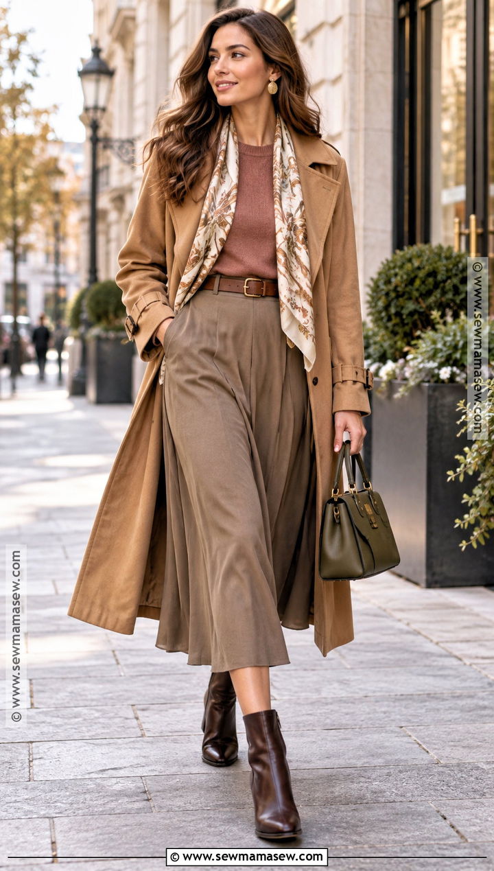 Soft Autumn Camel Trench And Midi Skirt Outfit - 15 Soft Autumn Color Palette Capsule Wardrobe Ideas