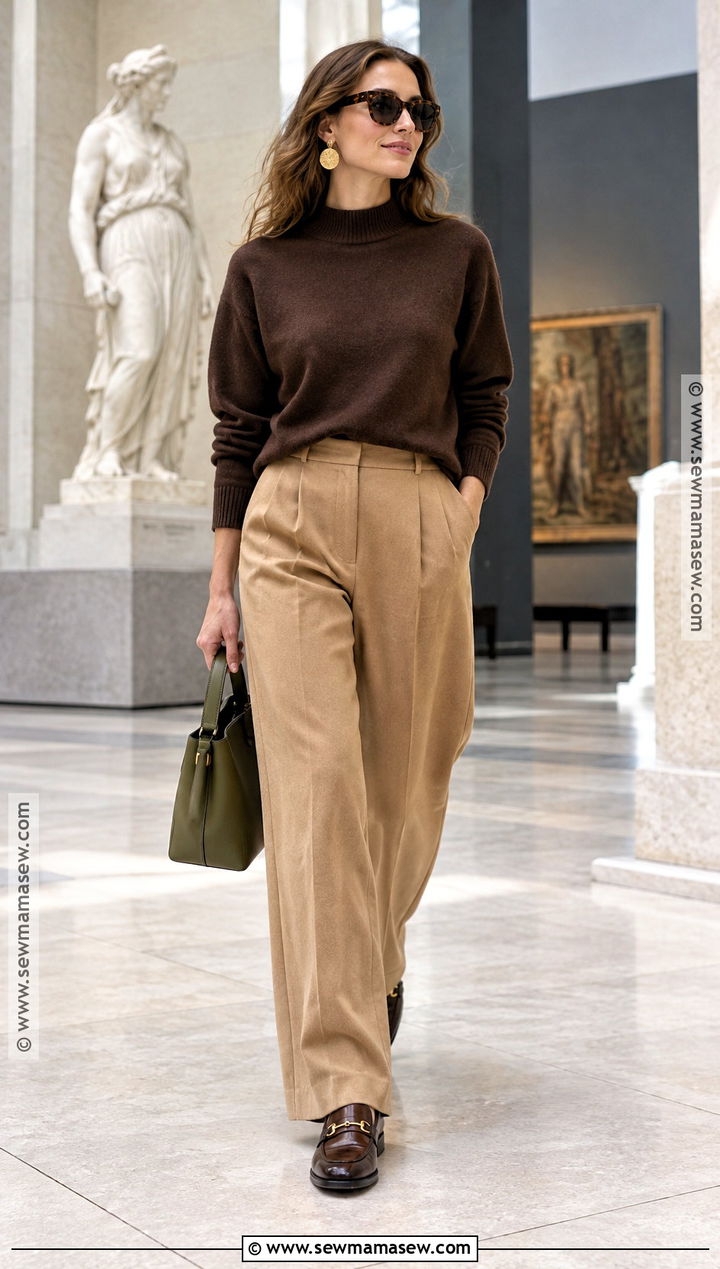 Soft Autumn Chocolate Sweater And Camel Trousers Outfit - 15 soft autumn looks outfit
