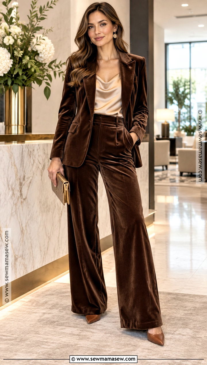 Soft Autumn Chocolate Velvet Suit Outfit - 20 Soft Autumn Color Palette Fashion Ideas