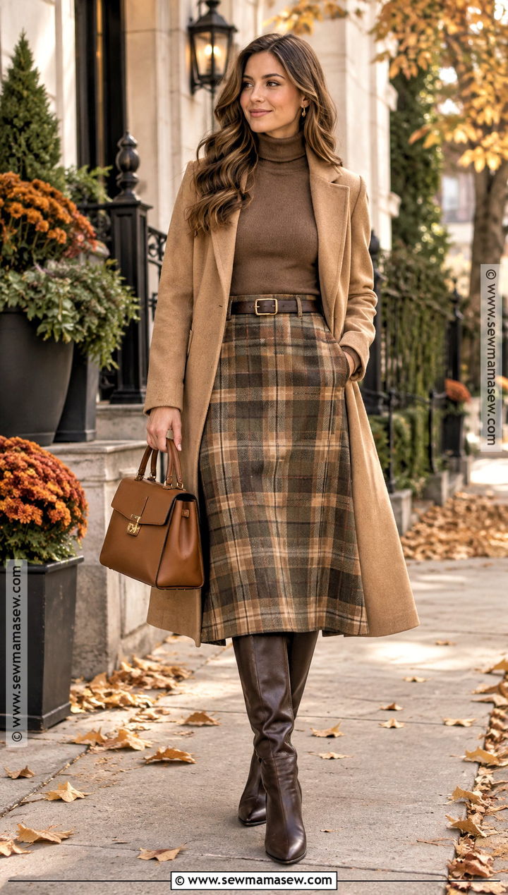 Soft Autumn Cocoa Turtleneck And Plaid Skirt Outfit - 25 soft autumn wardrobe ideas