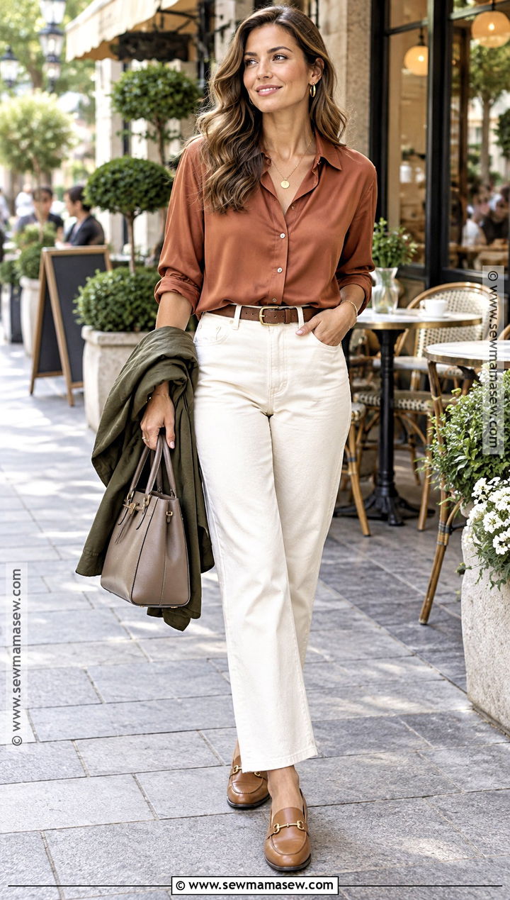 Soft Autumn Copper Blouse And Cream Jeans Outfit - 30 soft autumn outfits