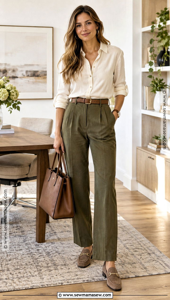 Soft Autumn Cream Shirt And Olive Trousers Outfit - 15 Soft Autumn Color Palette Capsule Wardrobe Ideas