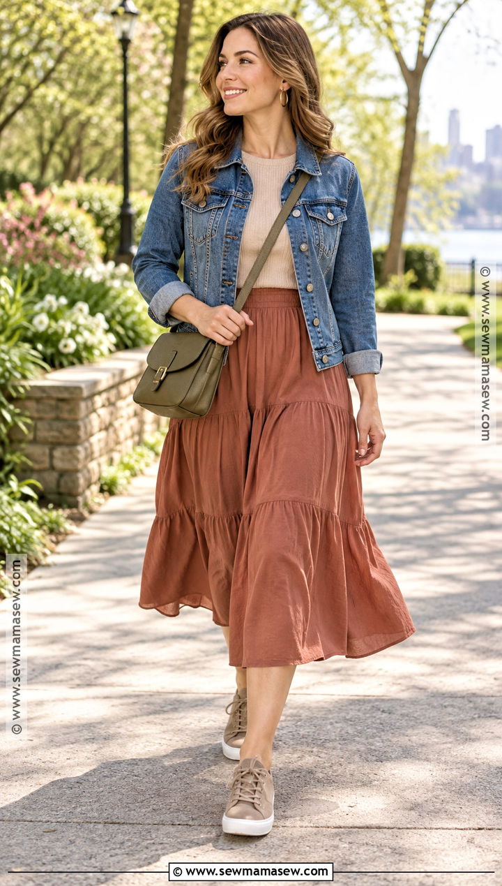 Soft Autumn Denim Jacket And Terracotta Skirt Outfit - 25 soft autumn spring outfits