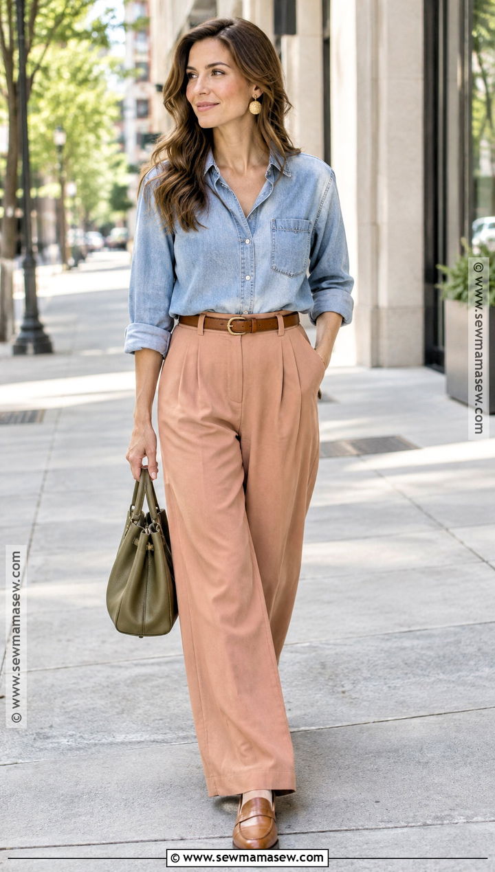 Soft Autumn Denim Shirt And Dusty Peach Pants Outfit - 25 soft autumn spring outfits