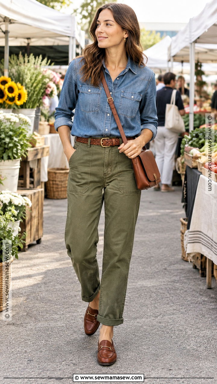 Soft Autumn Denim Shirt And Olive Pants Outfit - 30 soft autumn outfits