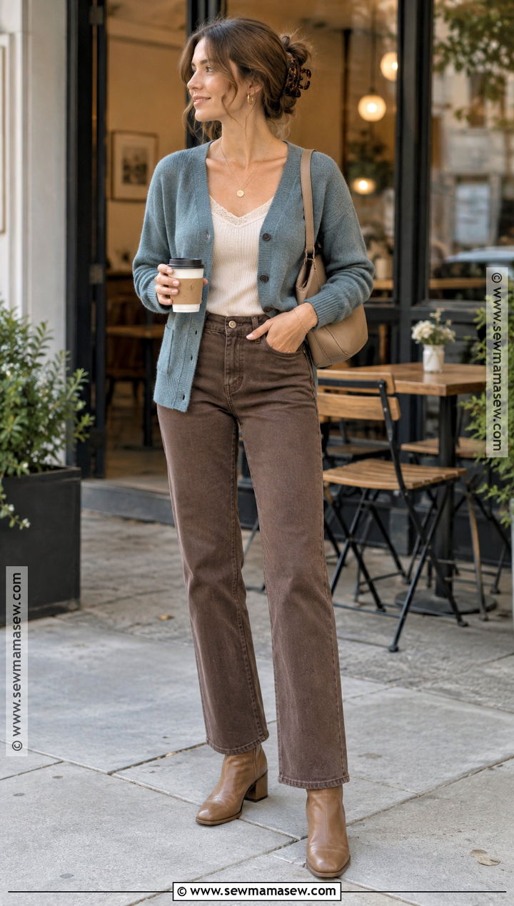 Soft Autumn Dusty Blue Cardigan And Brown Jeans Outfit - 30 soft autumn outfits