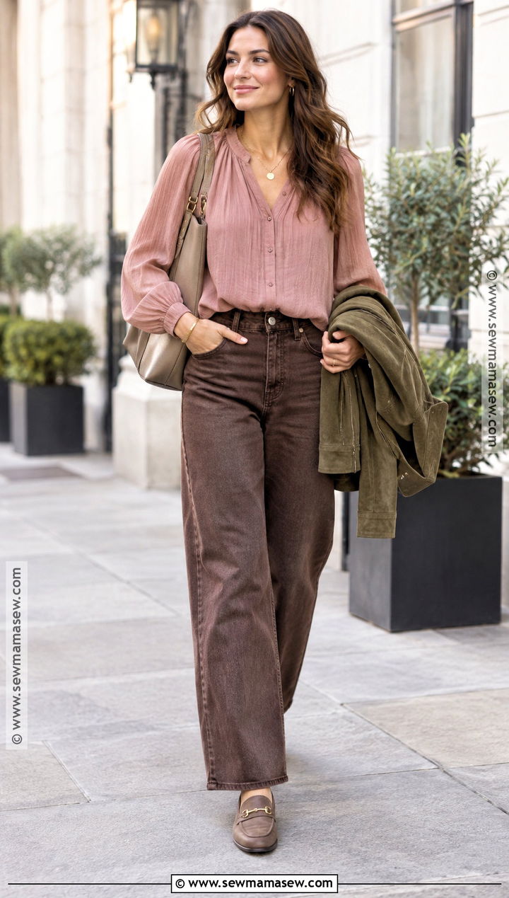 Soft Autumn Dusty Rose Blouse And Chocolate Jeans Outfit - 15 soft autumn looks outfit